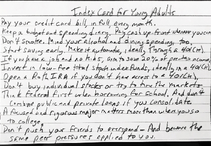 Index card for young adults