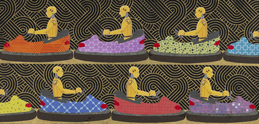 A mixed-media work featuring vibrantly patterned bumper cars