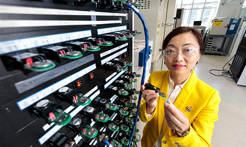 Y. Shirley Meng with lithium-ion batteries